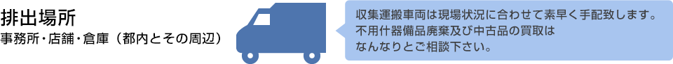 排出場所　事務所・店舗・倉庫（都内とその周辺）収集運搬は廃棄物の量にあわせてご提案。紙+その他もしくは別々でも結構です。また、事務所と倉庫を組み合わせた回収方法でも可能です